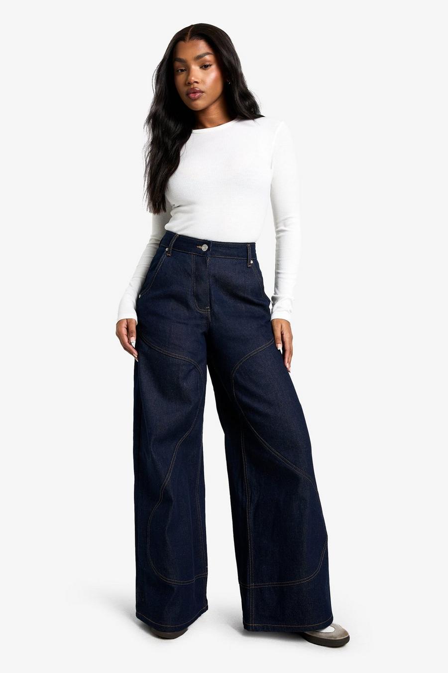 Contrast Stitch Swirl Raw Indigo Wide Leg Denim Jeans Contrast Stitch Swirl Raw Indigo Wide Leg Denim Jeans